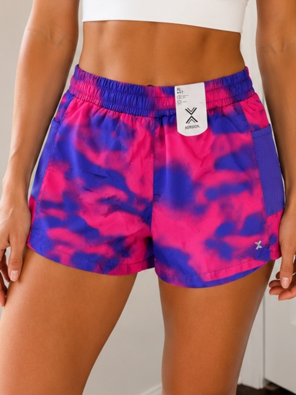 Girls Xersion Pink and Blue Tie-Dye Workout Shorts NWT can fit Small Woman
